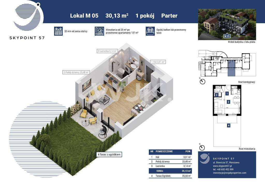 30,14m2, 2 pokoje, ogródek, ul.Słowicza-7