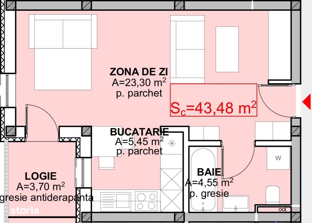 Apartament 1 camera, bloc nou, etaj 2, semifinisat, 33,3 mp