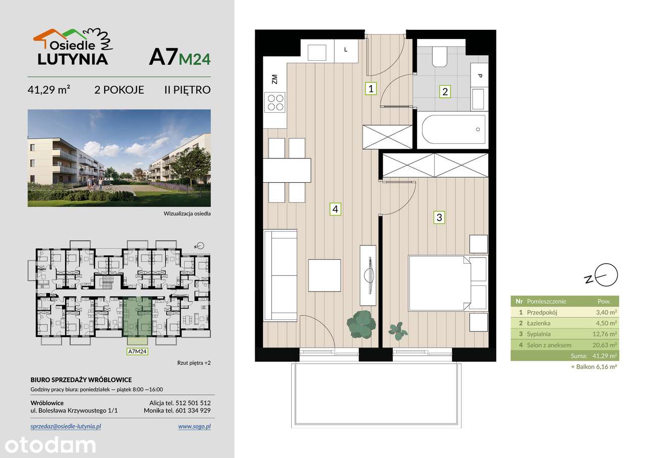 41,29 m² czystej funkcjonalności - 2 pok | 41,29 m² | balkon 6,16m² (lokal A7M24)