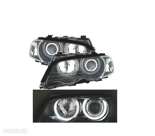 FARÓIS OPTICAS ANGEL EYES CCFL LED + PISCAS PARA BMW E46 COUPE 99-03 FUNDO PRETO - 2