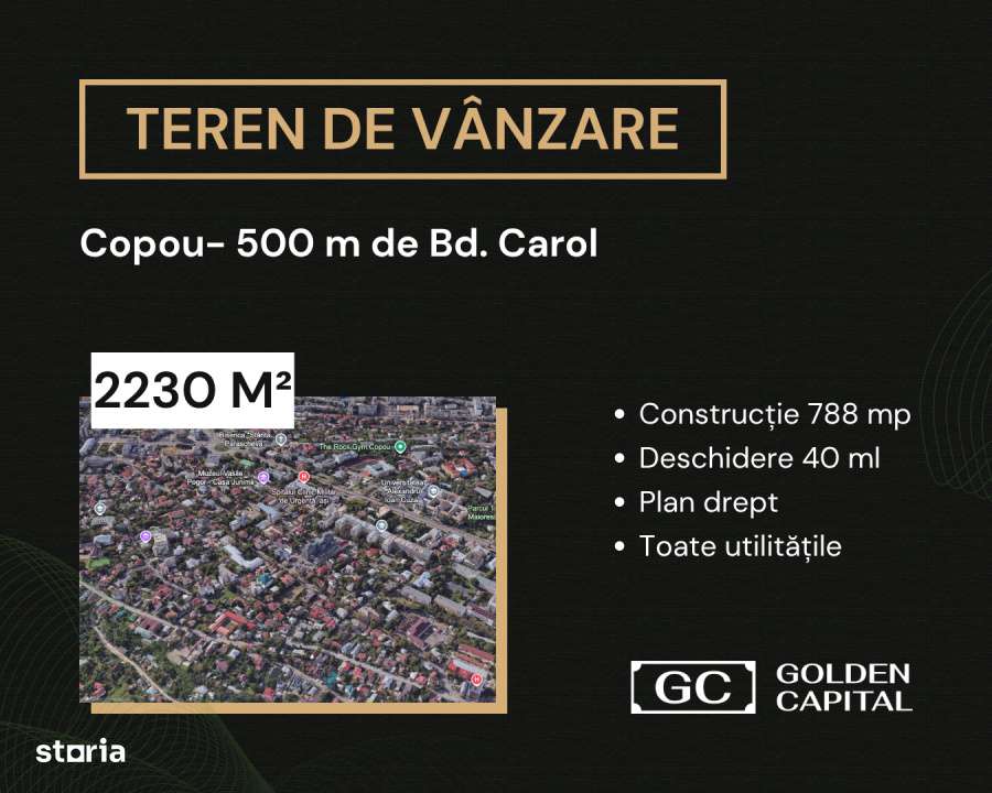 Teren Unic 2230 mp, 40 ml deschidere, Copou- 500 m de Bd. Carol - Imagine principală: 1/5