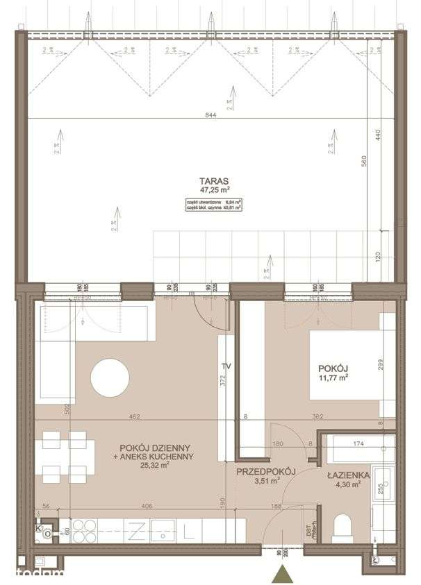 2-pokojowe mieszkanie 44,90 m2 + taras 47,25 m2 - Pełny obrazek: 1/7
