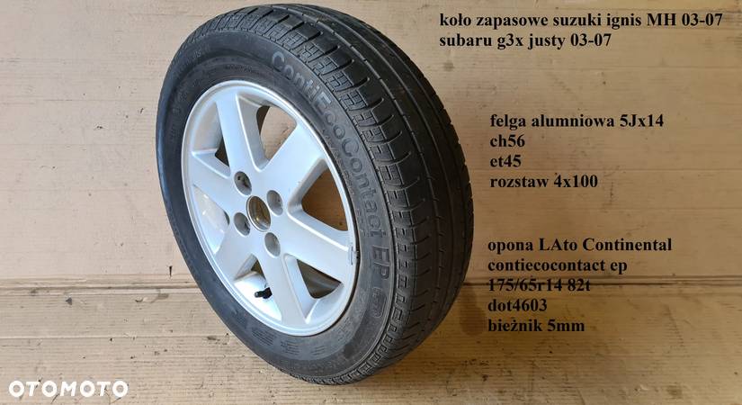 Suzuki Ignis Subaru G3X Justy Koło Zapasowe Et45 Opona felga aluminiowa oryginał 4x100 5jx14 - 1