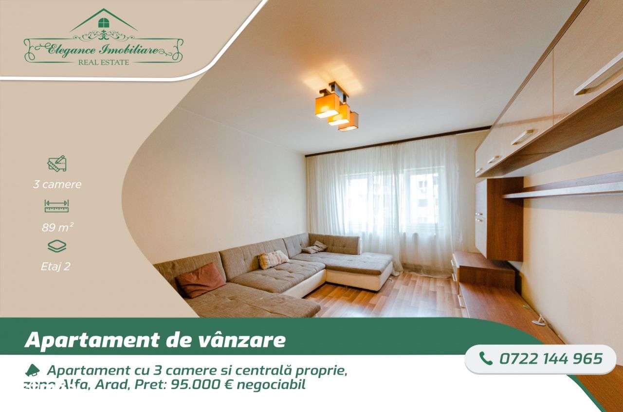 Apartament cu 3 camere si centrala proprie, zona Alfa, Arad