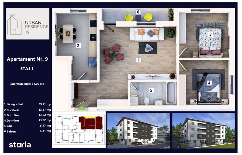 Apartament 3 camere etaj 1 bloc nou Urban Residence IV