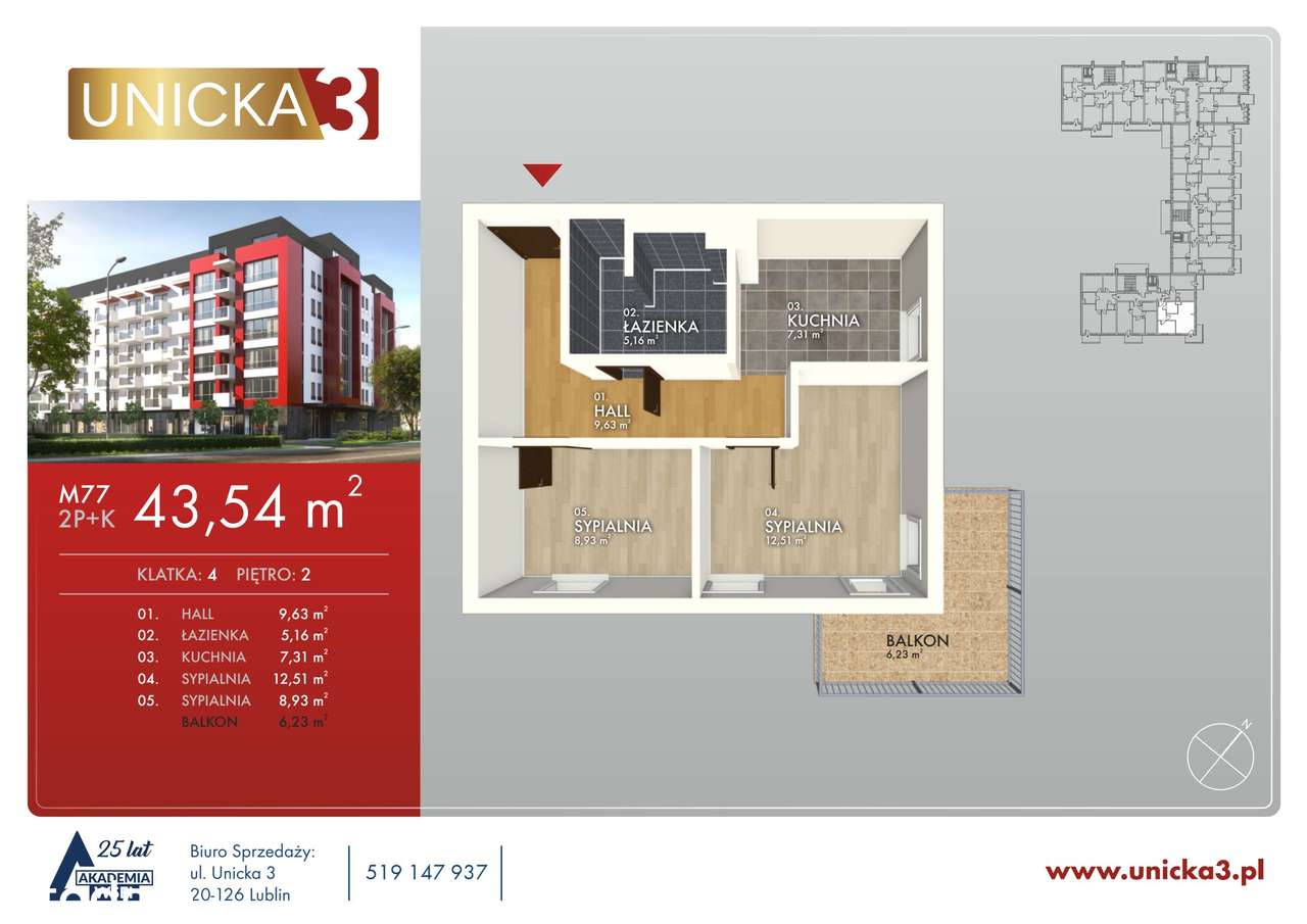 2-pokojowe mieszkanie 43m2 + balkon - Pełny obrazek: 2/7