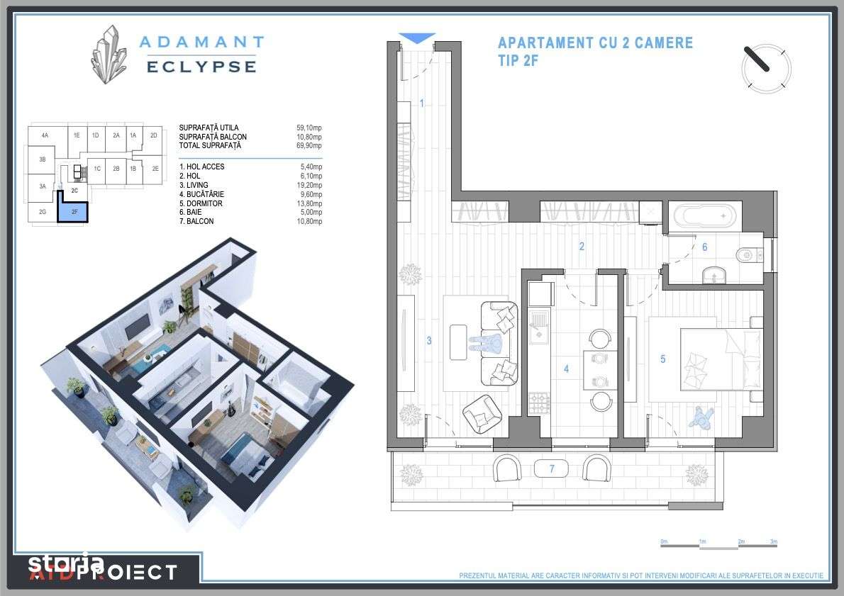 ADAMANT ECLYPSE, 2 camere decomandat, TIP 2F, 69.9mp - Imagine principală: 1/15