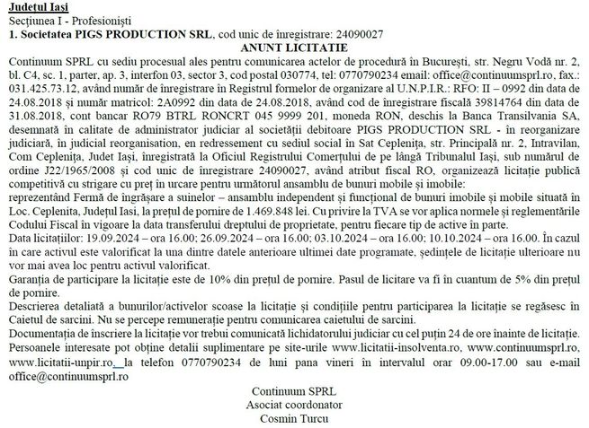 Ferma de creștere și îngrășare suine / licitatie publica 19 Sept-14
