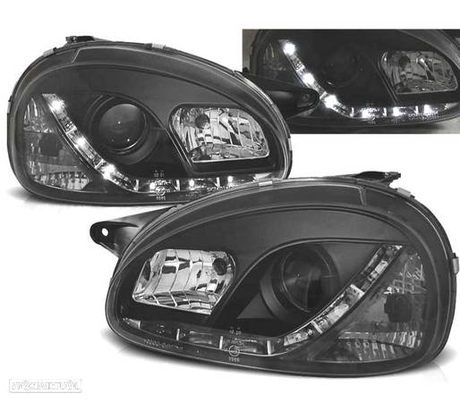 FARÓIS COM LUZ DIURNA LED PARA OPEL CORSA B 93-00 FUNDO PRETO - 1