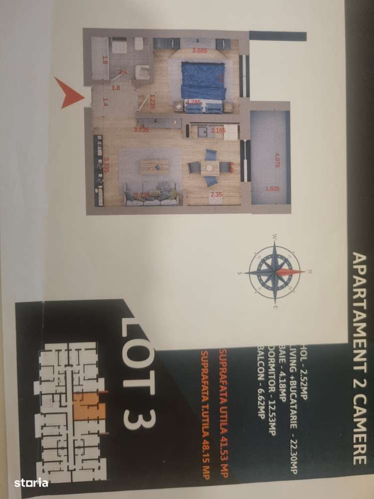Apartament cu 2 camere, situat la etajul 1 din 3