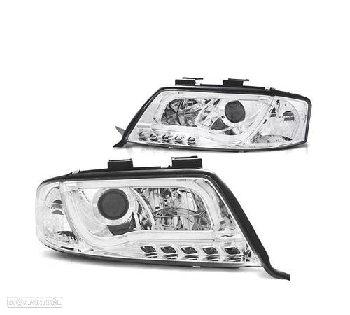 FARÓIS COM LUZ DIURNA LED TFL PARA AUDI A6 4B 01-05 FUNDO CROMADO - 1