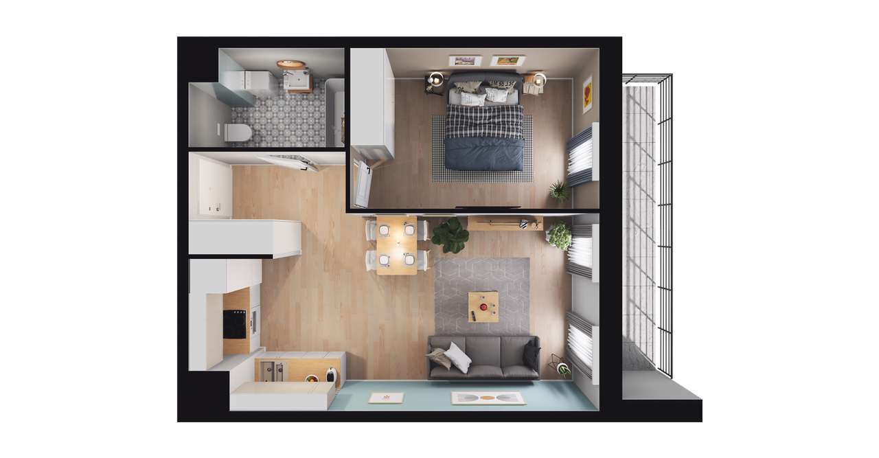 2-pokojowe mieszkanie 44m2 + loggia Bezpośrednio - Pełny obrazek: 2/8