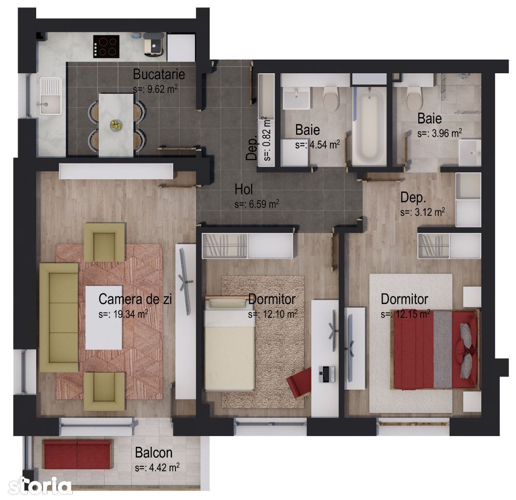 Apartament cu 3 camere Tip 2R