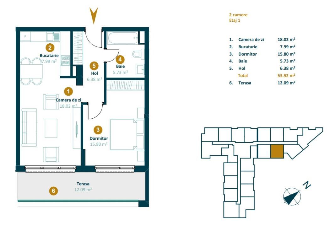 Apartament 2 camere 53 mp, terasa 12 mp, Intre Lacuri