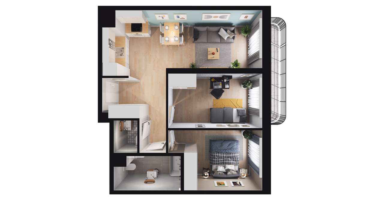 3-pokojowe mieszkanie 53m2 + balkon - Pełny obrazek: 2/8