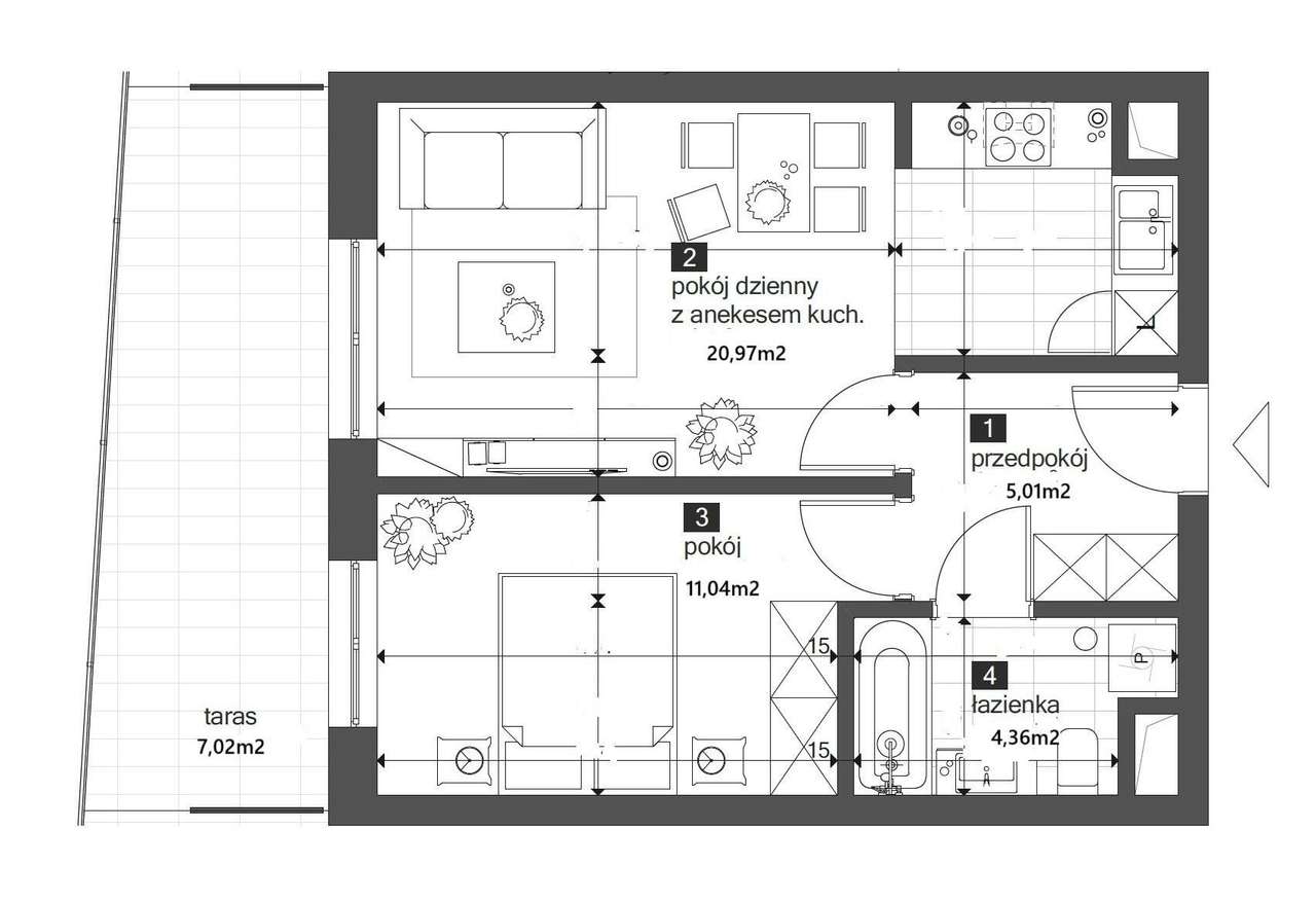 41,38m2, 2 pokoje, m. postojowe w garażu podziemnym-1