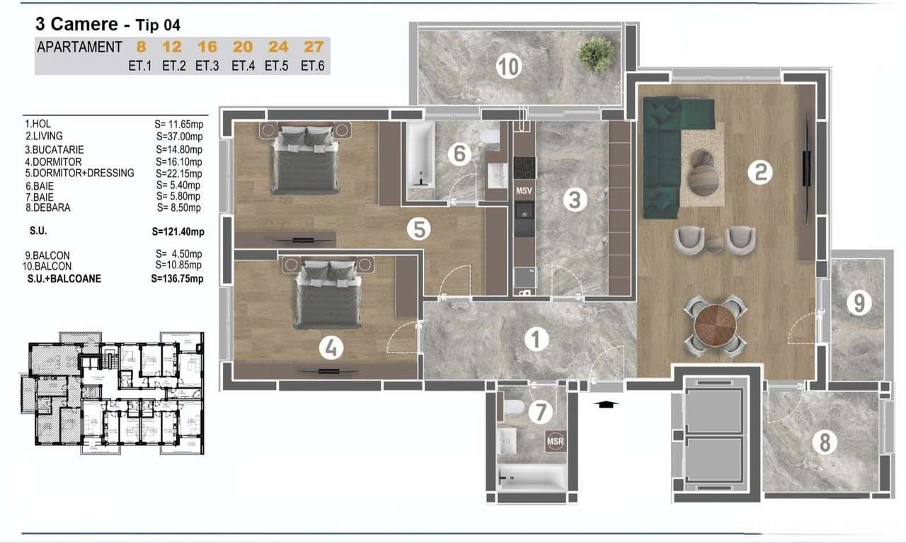 Apartament cu 4 camere, balcon și terasă, etaj 5 direct dezvoltator-8