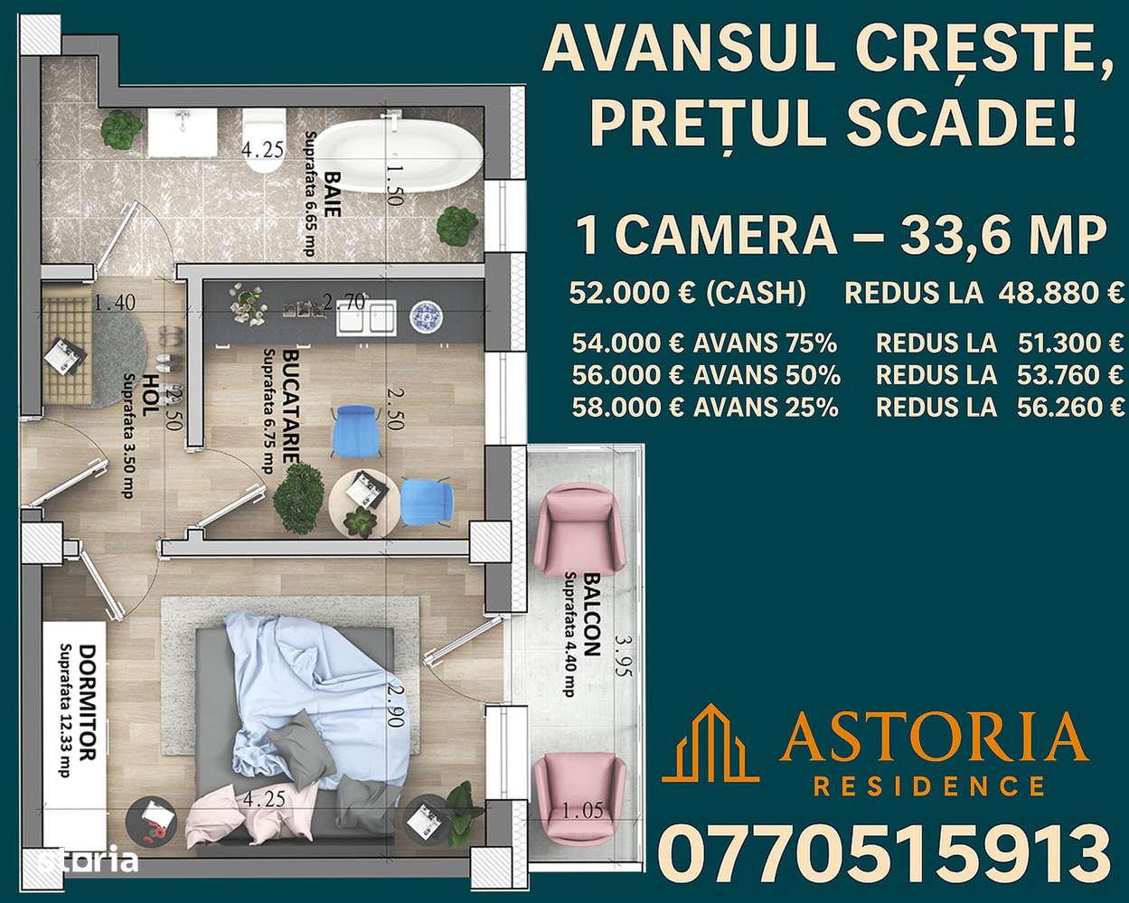 ASTORIA RESIDENCE Apartament 1 camera 33.6 m etaj 1 Lunca Cetauii - Imagine principală: 2/17