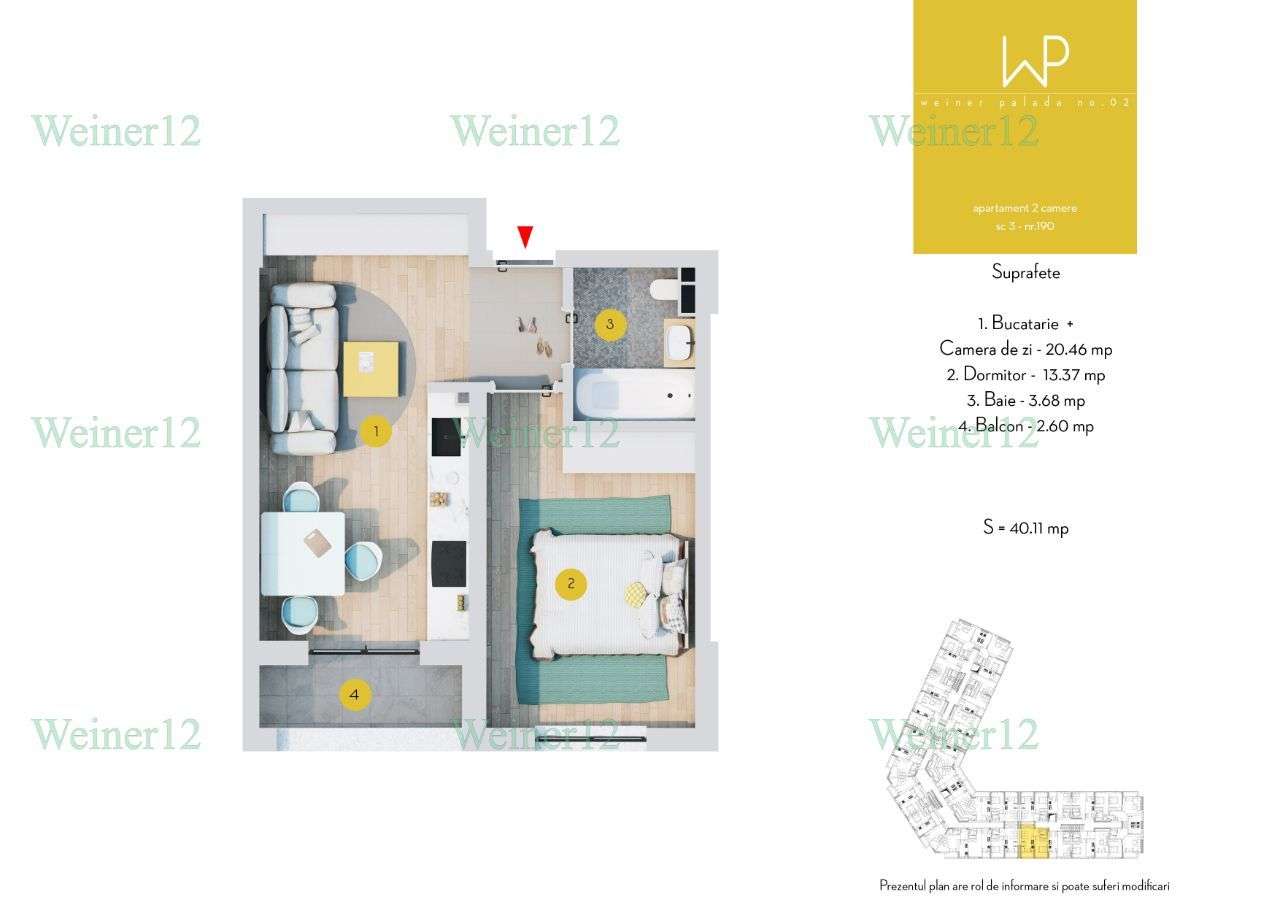 Apartament 2 camere TIP STUDIO direct dezvoltator Weiner2 - Imagine principală: 2/15