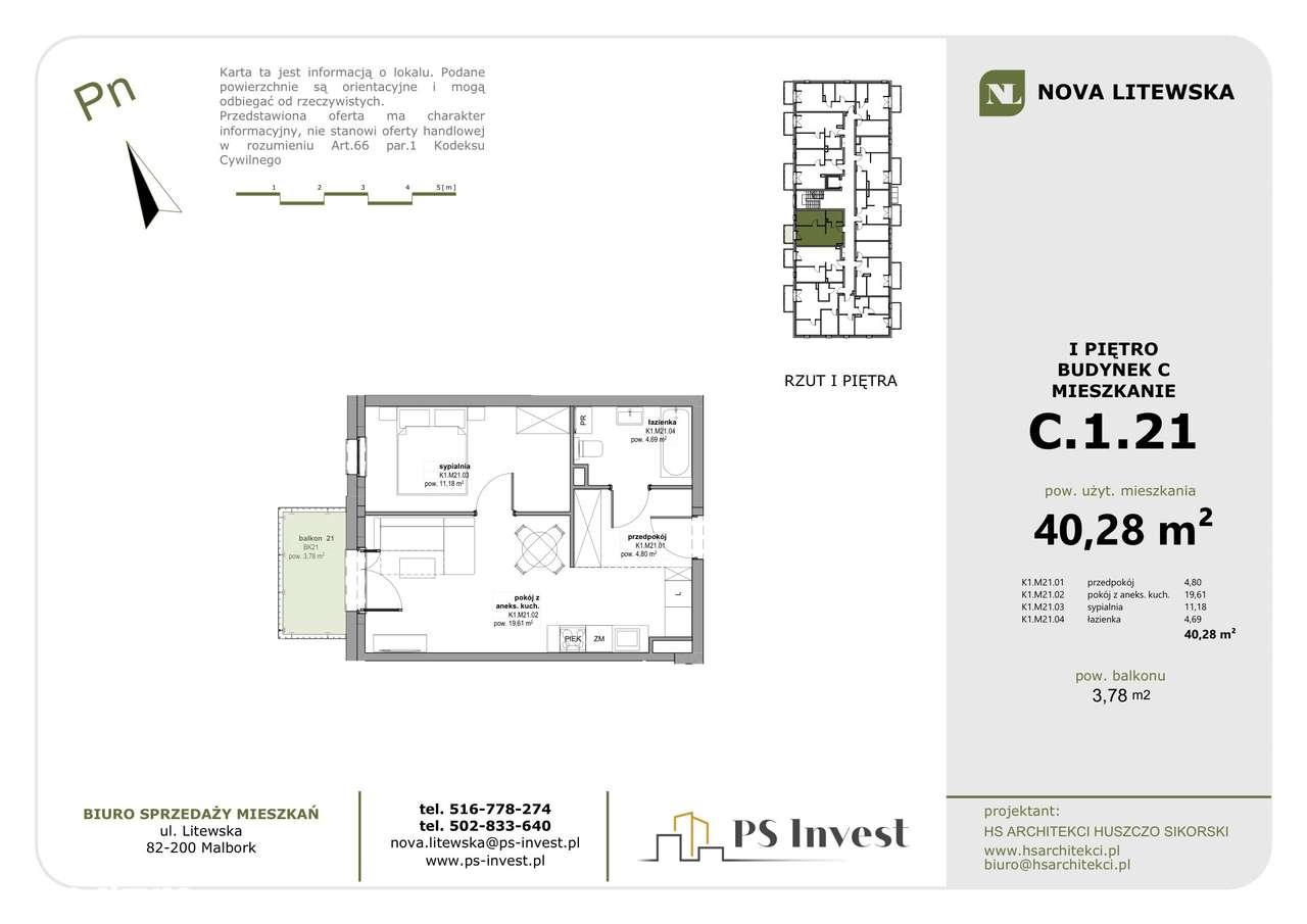 Złoty środek! Nowe 2 pokoje 40,3 m² + balkon | 1. piętro, Winda (lokal C21)