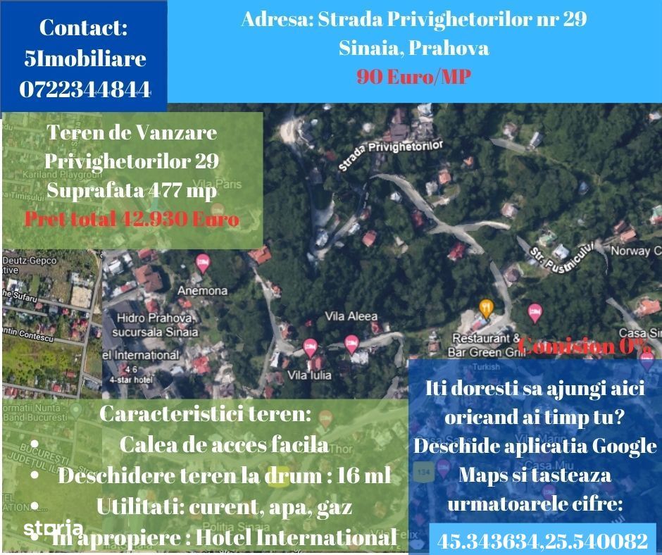 Sinaia- Teren de Vanzare- 477 mp, Comision 0%