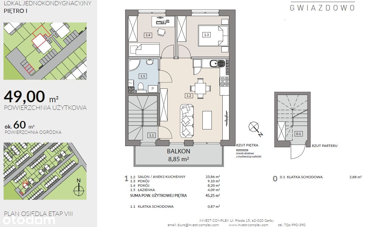 3 pok. 45 m2 + poddasze 20 m2 +ogród+20 min P-Ń