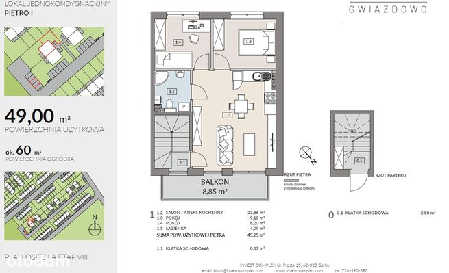 3 pok. 45 m2 + poddasze 20 m2 +ogród+20 min P-Ń