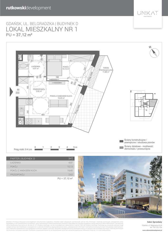 2-pokojowe mieszkanie 37m2 + taras Bezpośrednio - Pełny obrazek: 2/7