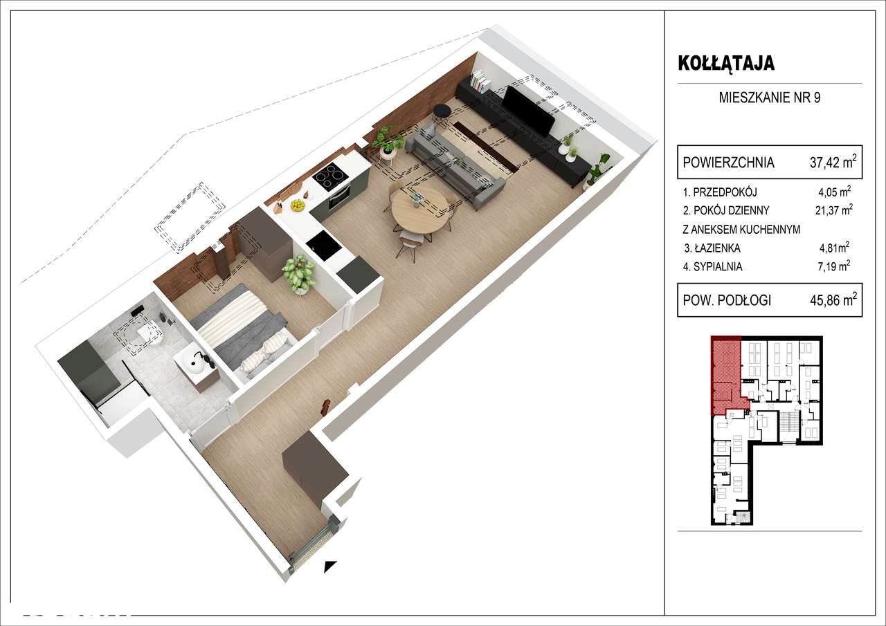 Centrum Wykończone ul. Kołłątaja 2 pokoje 37m2 użytkowa 45m2 całkowita-8
