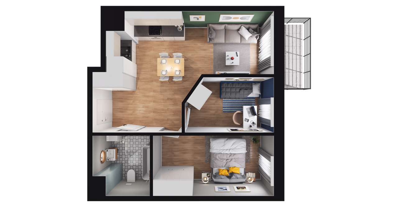 2-pokojowe mieszkanie 43m2 + balkon - Pełny obrazek: 2/8
