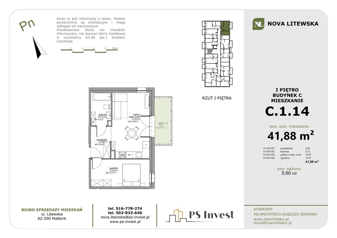 Duża sypialnia! Nowe 2 pokoje 42 m² + balkon | NOVA LITEWSKA (lokal C14)