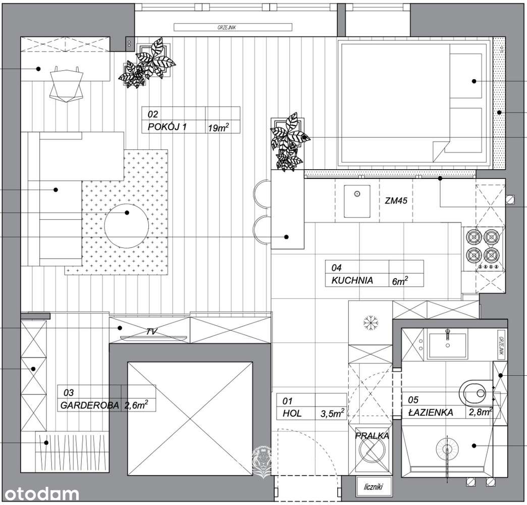 Ściana okien, zieleń i cisza|35m² na Mokotowskiej-18