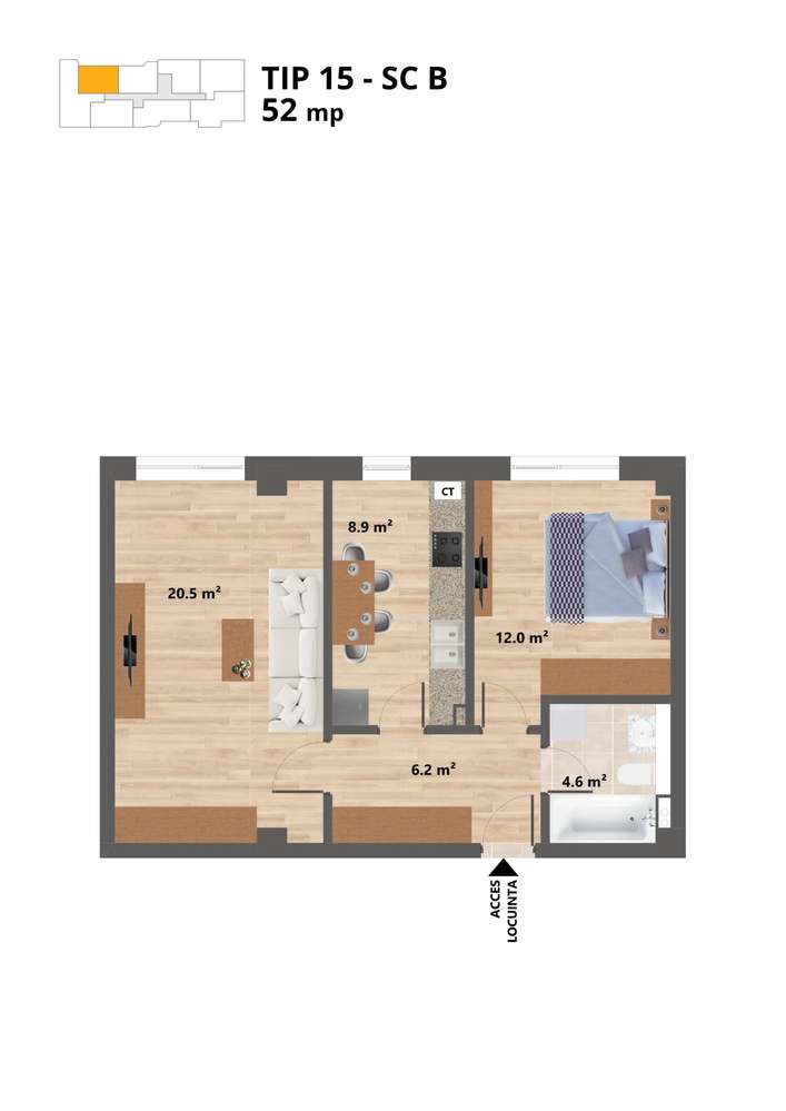 Sun Residence -- Apartament 2 camere - TIP 15 - 52 Mp - Proiect NOU --2