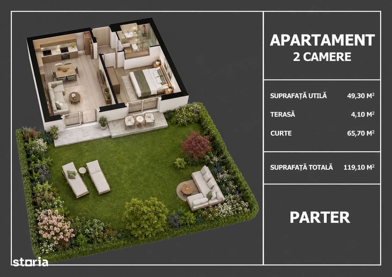 Apartament cu 2 camere, terasă și curte proprie de 65,70 mp — fotografia 1