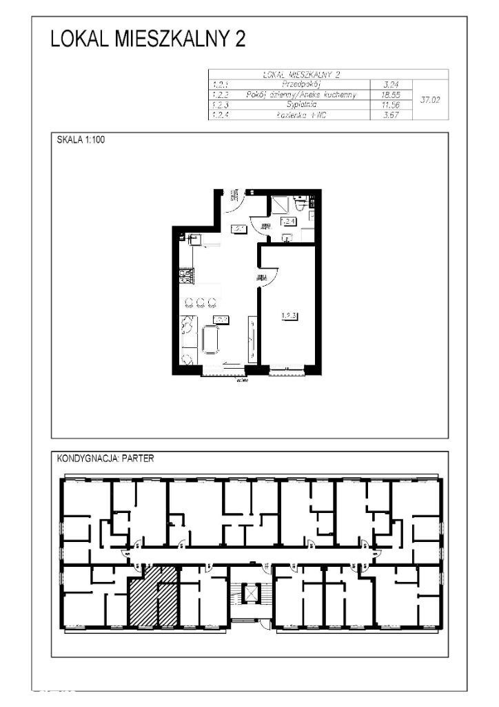 Mieszkanie 3 pokoje o pow. 37,02 m2
