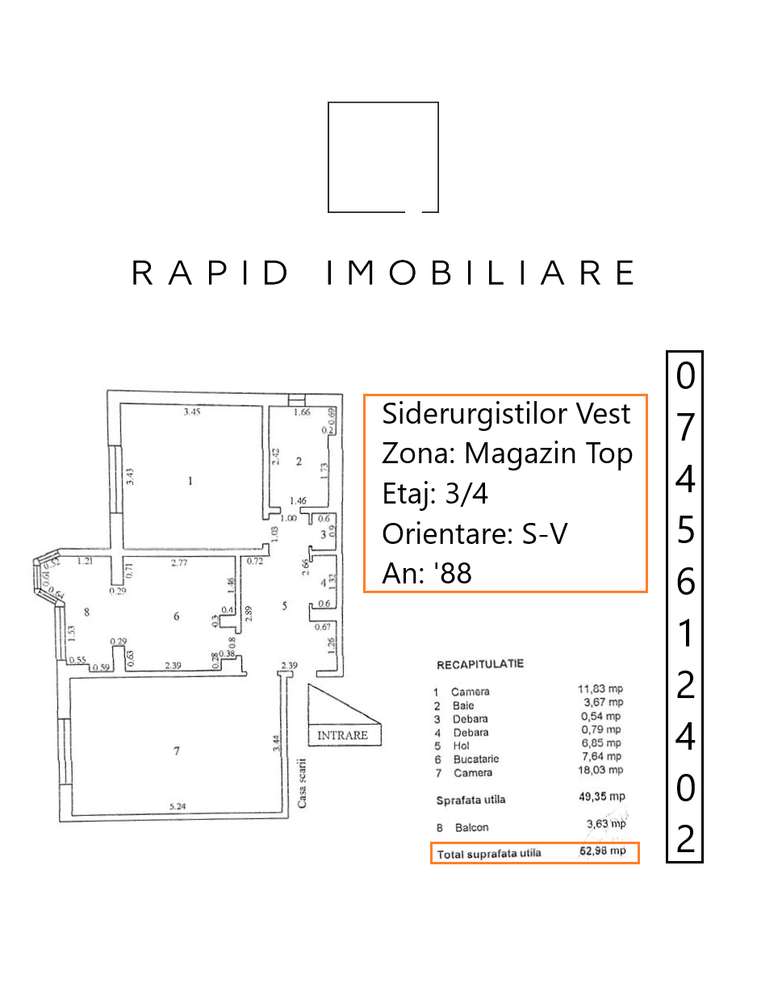 2 Camere | Etaj 3 | Magazin TOP | Sid-Vest | 53 mp | An '88 | Mob+Ut-9