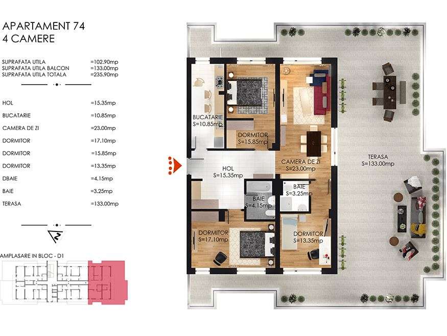 Apartament 4 camere finalizat cu terasa, Cartierul Solar, Metalurgiei-4