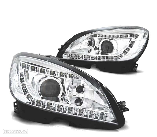 FARÓIS XENON D1S COM LUZ DIURNA LED PARA MERCEDES C W204 07-11 FUNDO CROMADO - 1