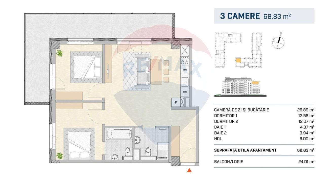 Apartament 3 camere, 68mp si balcon de 24mp, finisat, ansamblu nou