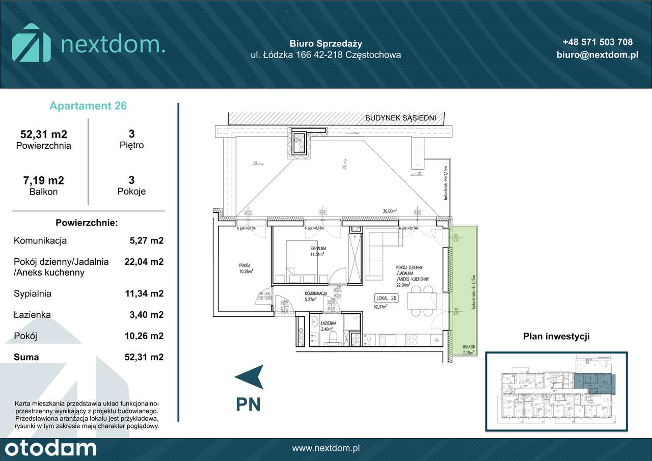 Apartament 26 - 52.31m2 + balkon 7.19m2 - Łódzka 166 Częstochowa - Pełny obrazek: 3/12