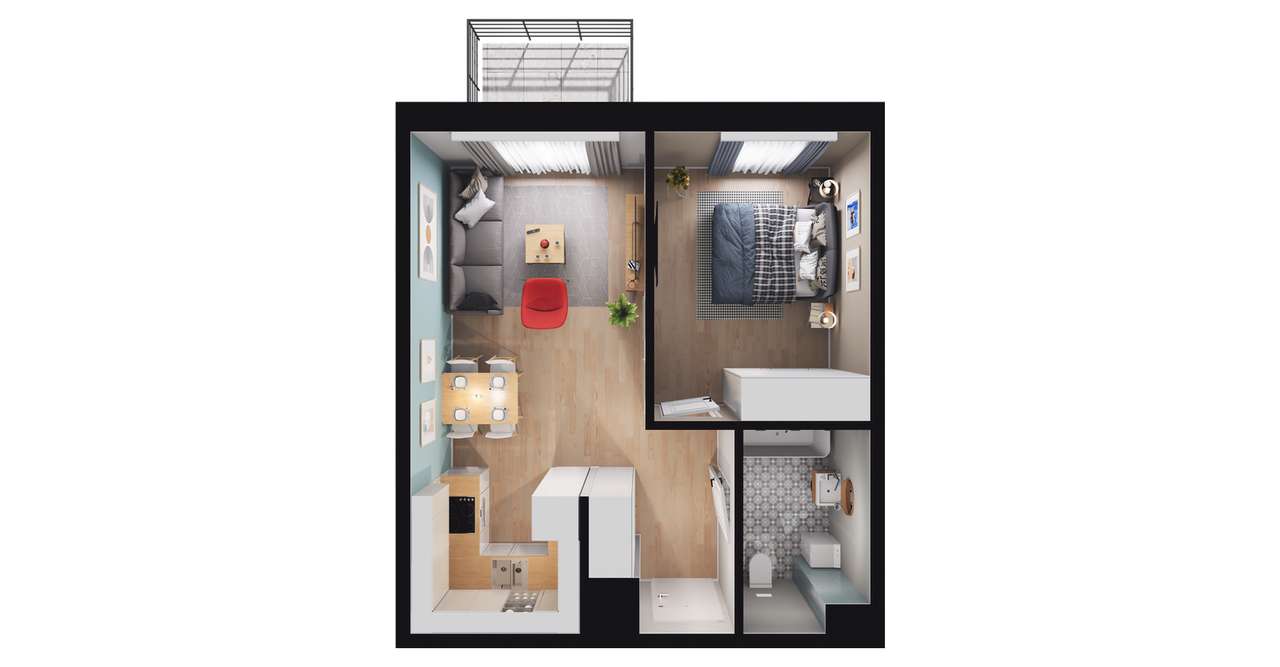 2-pokojowe mieszkanie 41m2 + balkon - Pełny obrazek: 2/8