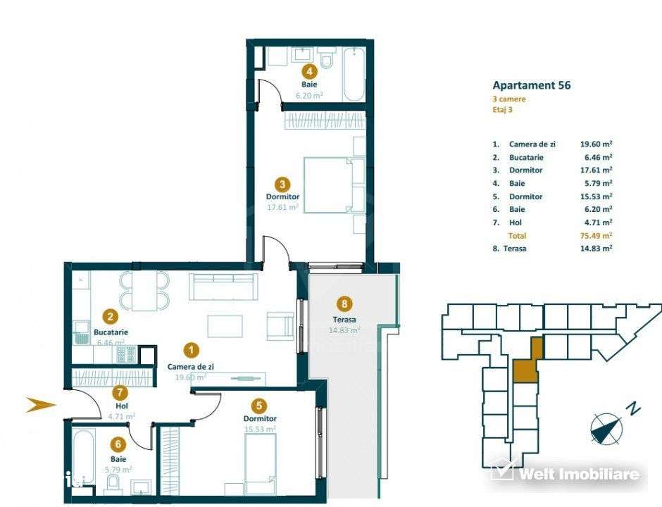 Apartamente de 3 camere, imobil nou zona Marasti, optiune de finisare - Imagine principală: 5/15
