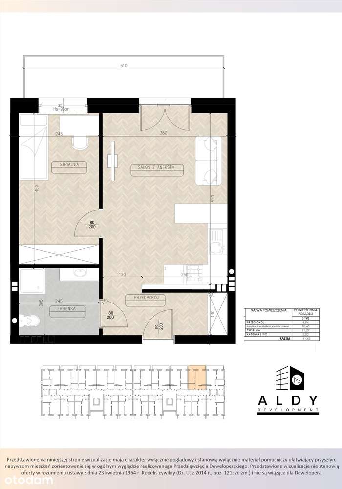 Słoneczne 2 pokojowe mieszkanie 42 m2 - Pełny obrazek: 2/7