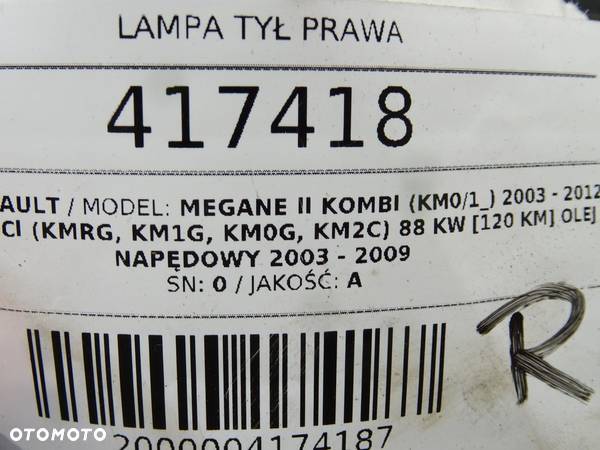 LAMPA TYŁ PRAWA RENAULT MEGANE II Kombi (KM0/1_) 2003 - 2012 1.9 dCi (KMRG, KM1G, KM0G, KM2C) 88 kW - 5