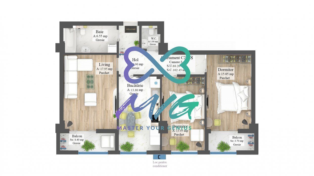 Apartament 3 camere, 2 bai, 2 balcoane, stil neoclasic, zona pitoreasc