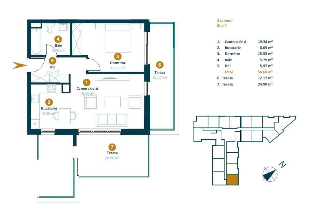 Apartament 2 camere 54 mp, terasa, Intre Lacuri