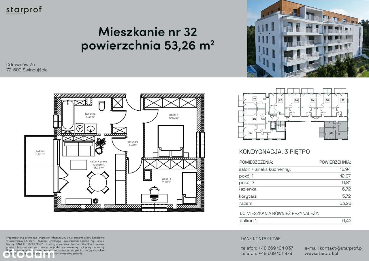 2 sypialnie + salon z aneksem, 53,26m² + miejsce postojowe nadziemne - Pełny obrazek: 5/9