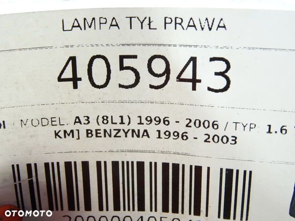 LAMPA TYŁ PRAWA AUDI A3 (8L1) 1996 - 2006 1.6 74 kW [101 KM] benzyna 1996 - 2003 - 6