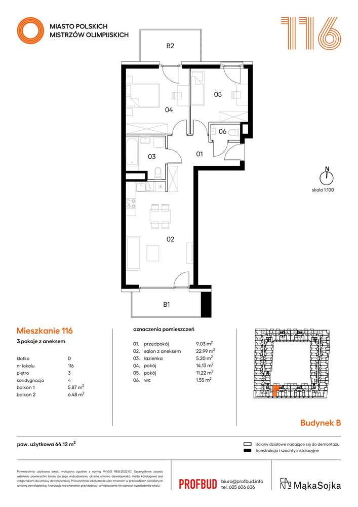 3-pokojowe mieszkanie 64m2 + 2 balkony - Pełny obrazek: 2/9