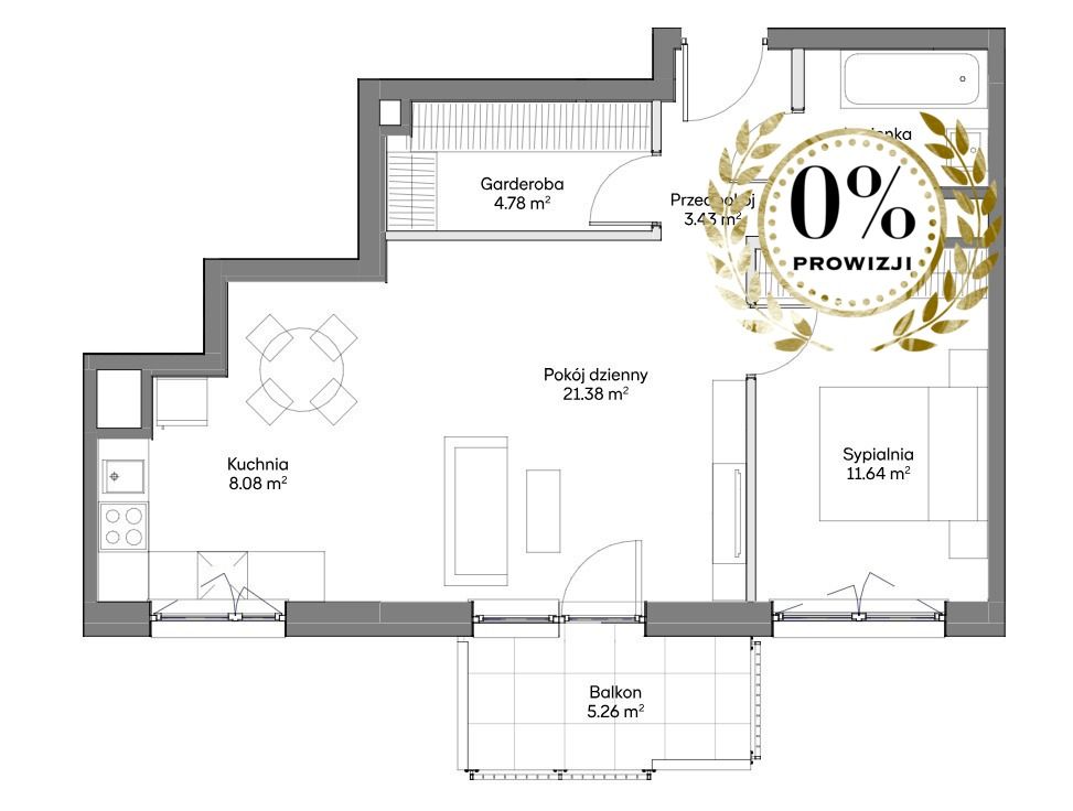 Mieszkanie 2 pok. 53,78 m2, balkon, BEZ PCC, 0%